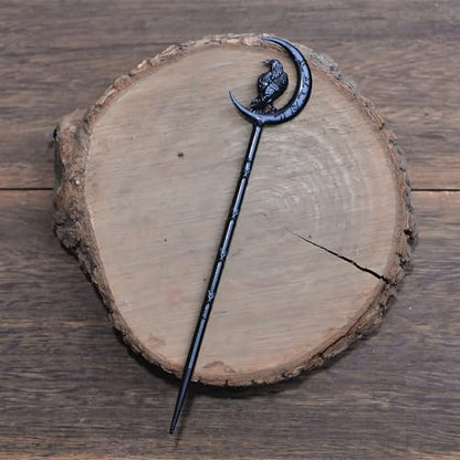 2PCS Viking Raven Hair Sticks – Gothic Moon Hair Pins for Women | Black Gothic Hair Accessories with Raven Moon Design for Buns, Updos, Renaissance Festival, Halloween & Cosplay - color: RLMN