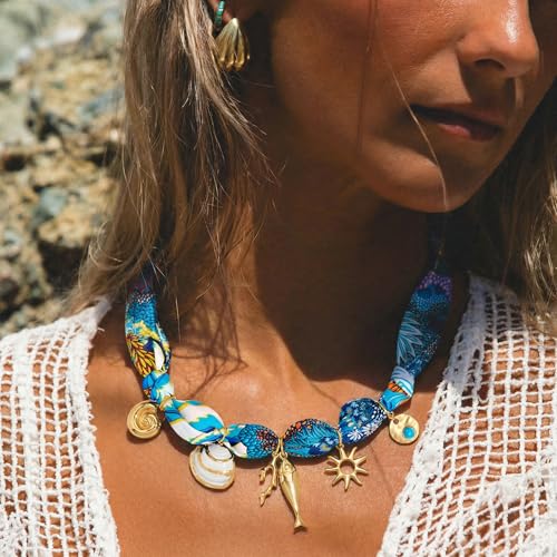 CLASSYZINT Scarf Necklace with Charms Heart Choker Necklace Shell Necklace Bandana Necklac Statement Choker Jewelry - color: Blue