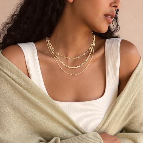 Turandoss Layered Necklaces for Women, 14K Gold Plated Chain Necklace Stack | Non Tarnish Gold Necklaces for Women, Toggle Clasp Herringbone Rope Satellite Cuban Link Chain Necklace, Trendy Jewelry Gifts - color: paperclip+cuban link+satellite