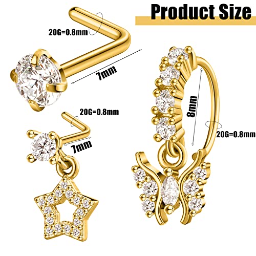 18 Pcs Dangle Nose Ring L Shaped Dangling Nose Stud Nose Ring Hoop Indian Nose Piercing Jewelry with Charm - color: Gold