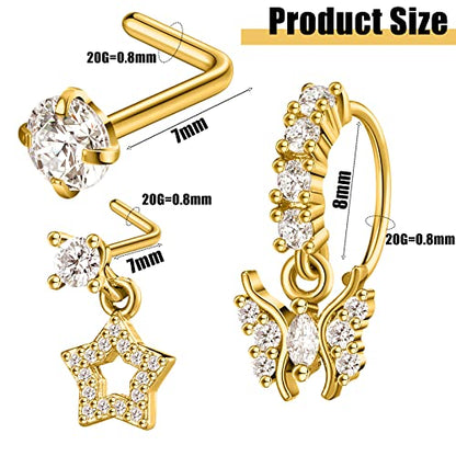 18 Pcs Dangle Nose Ring L Shaped Dangling Nose Stud Nose Ring Hoop Indian Nose Piercing Jewelry with Charm - color: Gold
