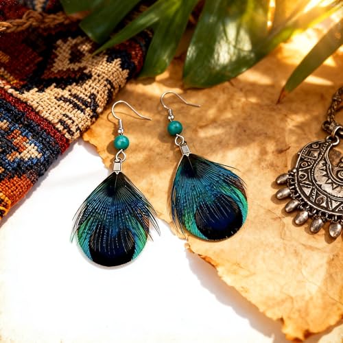 Feather Earrings for Women, Sterling Silver Hook Boho Style Peacock Long Feather Jewelry - color: Peacock Feather-2