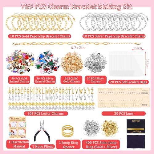 Wurosi 769Pcs Paperclip Charm Bracelet Kit for DIY Christmas Handcraft Gift | Including Paperclip Chain Bracelets, Charms, Jump Rings, Gift Bags, Pliers for DIY Bracelet Making Gift Christmas - color: 769 Pcs Gold & Silver Bracelet