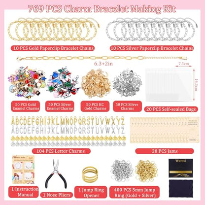 Wurosi 769Pcs Paperclip Charm Bracelet Kit for DIY Christmas Handcraft Gift | Including Paperclip Chain Bracelets, Charms, Jump Rings, Gift Bags, Pliers for DIY Bracelet Making Gift Christmas - color: 769 Pcs Gold & Silver Bracelet