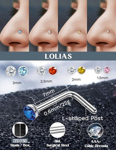 LOLIAS 80-160Pcs Surgical Steel Nose Rings Studs for Women Hypoallergenic | Straight or L Shaped Small Nose Studs Pin,Hypoallergenic 20G 22G Tiny Bone Nose Piercing Jewelry, 1.5/2/2.5/3 mm CZ Mix - color: 160Pcs 22G L shaped（white&multicolor）