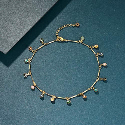 LOYATA Dainty Ankle Bracelet,14K Gold Plated Tiny Bead Anklet Dainty White Cubic Zirconia Cross Tassel Foot Chain Cute Lucky Moon Evil Eye Foot Jewelry Boho Anklets for Women - color: Evil Eye A