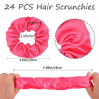 Jaciya Satin Scrunchies for Women Hot Pink Hair Scrunchies Elastic Hair Tie | 24 Pack Elastic Hair Ties for Ponytails and Buns - color: Hot Pink