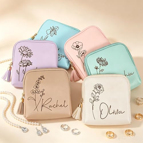 Custom Jewelry Travel Case with Birth Flower Birthday Gifts for Mom Girlfriend Wife,Leather Jewelry Pouch Bags with Name Small Jewelry Organizer for Teacher Appreciation Gifts - color: Birth Flower
