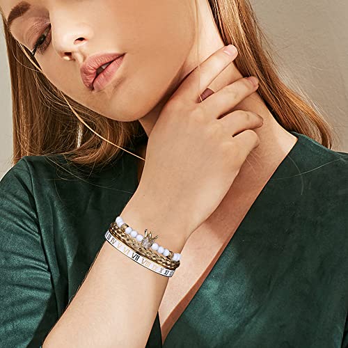3pcs/set Classical Handmade Braiding Bracelet Hip Hop Men Pave CZ Leopard Head Roman Numeral Bracelet Stainless Steel Jewelry - color: 3pcs Q Gold Crown With Diamond