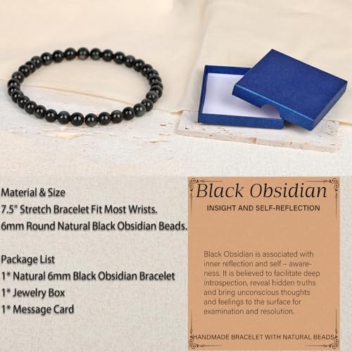 LPBeads Handmade Natural Gemstone Stretch Elastic Bracelet Healing Crystal Round Stone Beads Jewelry Gifts for Women Men - color: Black Obsidian, size: 6mm