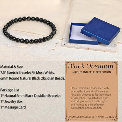 LPBeads Handmade Natural Gemstone Stretch Elastic Bracelet Healing Crystal Round Stone Beads Jewelry Gifts for Women Men - color: Black Obsidian, size: 6mm