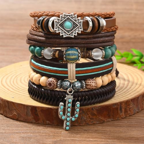 Western Outfits for Women Turquoise Western Bracelets Bohemian Vintage Stackable Beaded Leather Bracelets Adjustable Hand-woven Layered Bracelet Western Country Concert Jewelry for Women - style: Turquoise Cactus