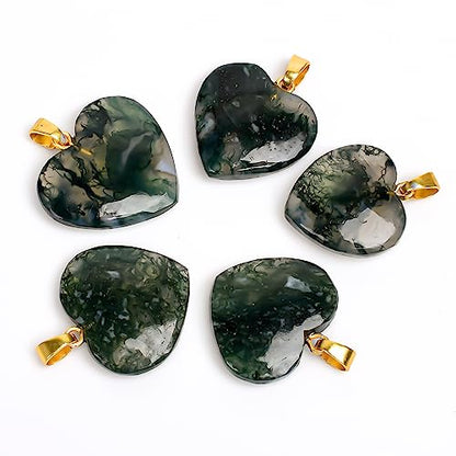 AURA GEMS Moss Agate Cabochon Heart Shape Pendant Necklace, Natural Gemstone, Women Jewelry, Energy Healing Crystals, Calm Chakra, Birthstone, Gift for Women, Gold Plated Jewelry 18 inch, AA+ Quality