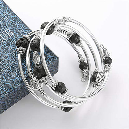 Beaded Pearl Bangle Wrap Bracelet - Fashion Bohemian Jewelry Multilayer Charm Bracelet with Thick Silver Metal Beads, Gift For Women - color: Lava Bracelet