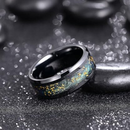 King Will Mens Galaxy Tungsten Wedding Band | 6mm/8mm, Beveled Edge, Comfort Fit, Durable, Sandstone Opal Inlay Polished, Everyday Wear - color: Blue&Green&Gold