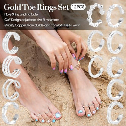Tyqour 12PCS Gold Toe Rings Adjustable Toe Rings for Women Summer Toe Rings Set, Simple Style Beach Foot Jewelry Set - color: Silver