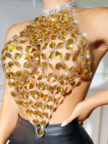 Aukmla Crystal Bra Body Chain Top Silver Rhinestones Halter Crop Tops Beach Bikini Chest Chains Body Jewelry for Women - style: Gold