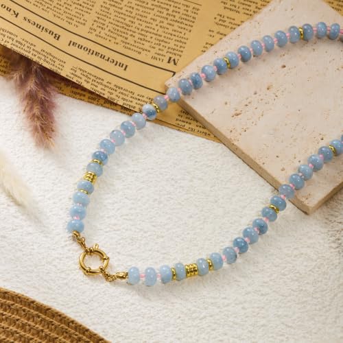 BELLA-Bee Natural Stone Beaded Choker, Multi Color Boho Jewelry Gift | Small bead natural stone choker with stainless steel ring clasp — multicolor stone, handmade healing jewelry for vacation - color: Blue