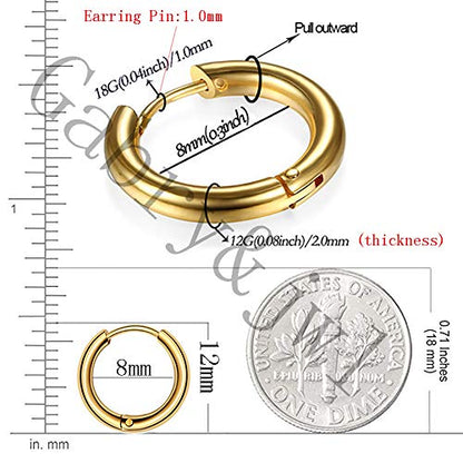316L Surgical Stainless Steel Huggie Hoop Earrings 6mm 8mm 10mm 11mm 12mm 14mm Hypoallergenic Earrings Hoop Cartilage Helix Lobes Hinged Sleeper Earrings For Men Women - style: B07:8mm Rose Gold+Gold+Silver+Black(8Pcs)