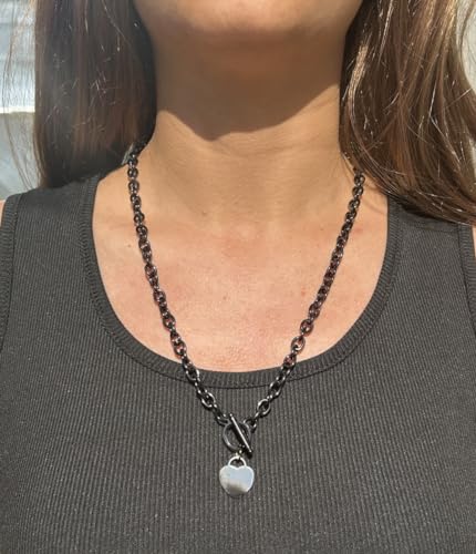 WangGao Elegent Love Stainless Steel Link Chain Blank Heart Charms Necklace for Women Toggle Clasp Closure - color: Black, size: 23.5inches