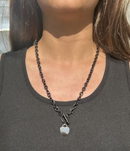 WangGao Elegent Love Stainless Steel Link Chain Blank Heart Charms Necklace for Women Toggle Clasp Closure - color: Black, size: 23.5inches