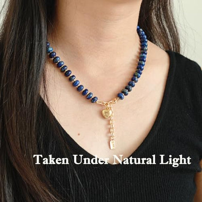Boho Gemstone Beaded Necklace for Women – Colorful Natural Stone Choker 18K Solid Heart-Shaped Pendant, Summer Beach Jewelry - color: Lapis Lazuli