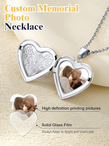 U7 Women Locket Necklace, Heart Photo Lockets Hold Picture, Gift Box Packed | Gold/Silver/Rose Locket Charm, Custom Picture and Engravement Heart Pendant, 20" Chain, Personalized Gift for Mom Wife Friend - color: 02# Platinum*Flower Grain