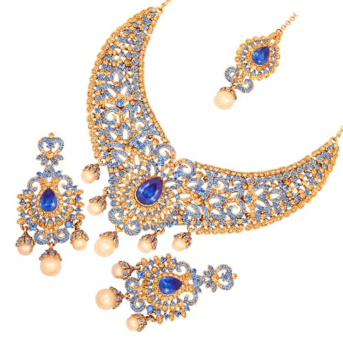 Touchstone Indian jewelry sets for women tikka wedding necklace costume guest statement bollywood rhinestones crystal faux pearls gold big royal neck piece set bridal fashion accessories - color: 1 Blue