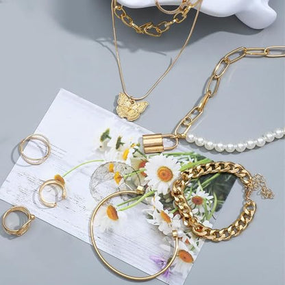 NEWITIN 61 Pieces Rose Gold Jewelry Set for Women Fashion Costume Jewelry | Bohemian Jewelry, Inlaid Cubic Zirconia, Gold Plated Necklace Bracelets Rings Earrings Set for Women Party Daily, Women Gifts - color: Gold