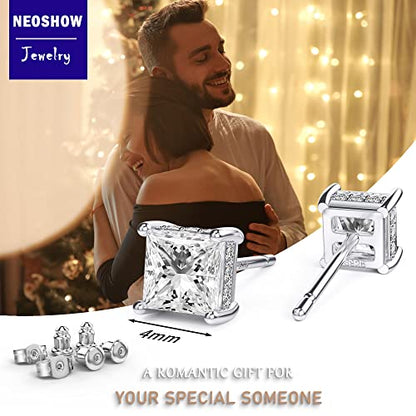 Princess Cut Cubic Zirconia Stud Earrings for Men Women | Square CZ Simulated Diamond Studs, 18K White Gold Plated Sterling Silver, Hypoallergenic - color: White Gold, size: 4MM