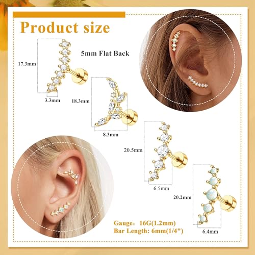 8Pcs Stainless Steel 16G Conch Piercing Jewelry Helix Cartilage Earrings | Flower Opal CZ Stud Earrings Set with Flat Back for Women, 18K Gold Plated, Silver, Rose Gold - color: Gold