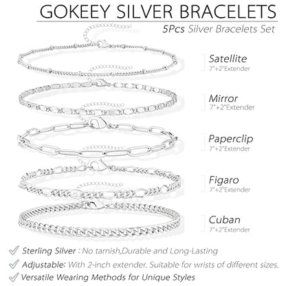 Gold Bracelets Set for Women Non Tarnish Trendy,14K Gold Plated Dainty Stackable Paperclip Cuban Link Chain Bracelets, Simple Cute Cuff Bracelets Jewelry Set Adjustable 7"+2" - color: Silver