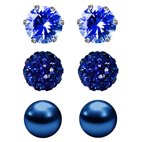 JewelrieShop Birthstone Studs Earring Set Cubic Zirconia Rhinestones Crystal Ball Faux Pearl Stainless Steel Stud Earrings for Women Jewelry Gift (6mm Round,3 Pairs) - color: 9) Sept. - Deep Blue