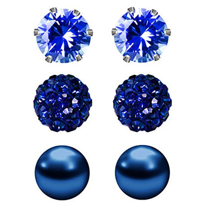 JewelrieShop Birthstone Studs Earring Set Cubic Zirconia Rhinestones Crystal Ball Faux Pearl Stainless Steel Stud Earrings for Women Jewelry Gift (6mm Round,3 Pairs) - color: 9) Sept. - Deep Blue