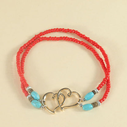 Elastic Beaded Ankle Bracelets for Women Double Heart Layered Stretch Ankle Bracelets Waterproof Dainty Boho Beaded Anklets for Summer Beach Foot Jewelry - color: Red Gold