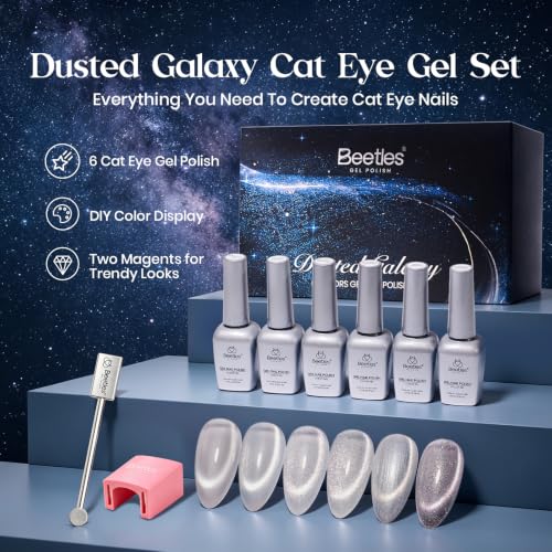 Beetles Silver Cat Eye Gel Nail Polish Set, Dusted Galaxy 6 Colors Magnetic Glass, Crystal, Pearl, Reflective & Glitter Silver Cat Eye Gel Polish Set with 2 Magnets, DIY Color Card for UV - color: A - Silver Cat Eye | Dusted Galaxy