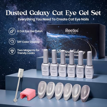 Beetles Silver Cat Eye Gel Nail Polish Set, Dusted Galaxy 6 Colors Magnetic Glass, Crystal, Pearl, Reflective & Glitter Silver Cat Eye Gel Polish Set with 2 Magnets, DIY Color Card for UV - color: A - Silver Cat Eye | Dusted Galaxy