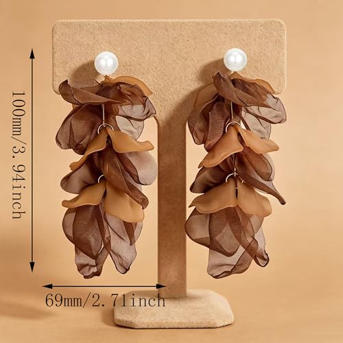Handmade Bohemian Lightweight Fabric Flower Dangle Drop Earrings Chic Pearl Large Tassel Petal Stud Earrings For Women - color: Brown