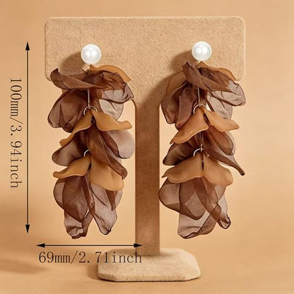 Handmade Bohemian Lightweight Fabric Flower Dangle Drop Earrings Chic Pearl Large Tassel Petal Stud Earrings For Women - color: Brown
