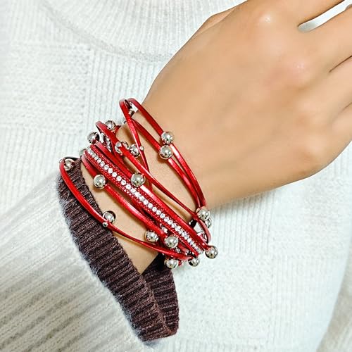 ZMANYIJEW Leather Wrap Bracelets for Women,Boho Cuff Bracelets Multi-Layer Crystal Beads Cuff Bracelet Multilayered Leopard Leather Braided Bangle Wrist Cuff Bangles - style: bead--red