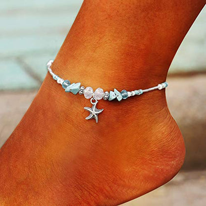 Softones Blue Starfish Turtle Anklet Multilayer Charm Beads Sea Handmade Boho Anklet Foot Jewelry for Women - style: D:2pcs Star Wave