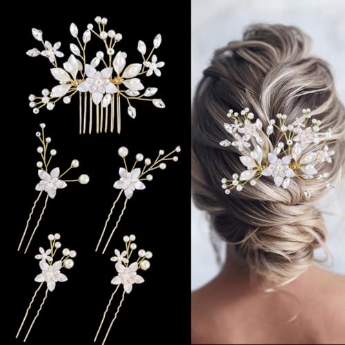 5 Pcs Bridal Flower Wedding Hair Pins Crystal Pearl Hair Clips Headpiece Wedding Hair Accessories Jewelry with Rhinestone for Brides Bridesmaids Women Girls Updo - color: Silver5pcs