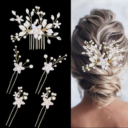 5 Pcs Bridal Flower Wedding Hair Pins Crystal Pearl Hair Clips Headpiece Wedding Hair Accessories Jewelry with Rhinestone for Brides Bridesmaids Women Girls Updo - color: Silver5pcs