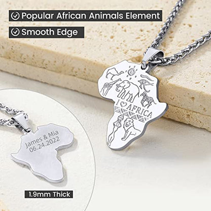 GOLDCHIC JEWELRY Africa Map Necklace for Men, Stainless Steel African Tribal/Egyptian Eye of Horus/I LOVE AFRICA/Elephant Map Hiphop Jewelry Unisex with 22'+2'Adjustable Chain - color: Animals - Stainless Steel, style: Personalised Engraving