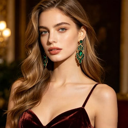 Rhinestone Drop Earrings for Women Chunky Gold Crystal Teardrop Earrings Statement Wedding Party Prom Bridal Jewelry - color: Green