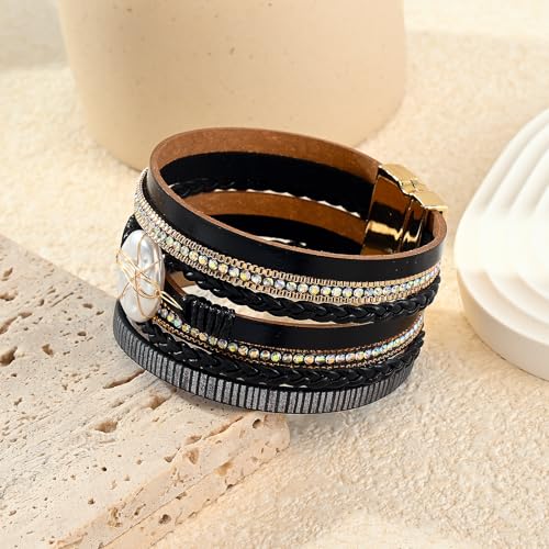 Wrapped Bracelets for Women,Leather Boho Bracelets for Women - color: Shell-Black