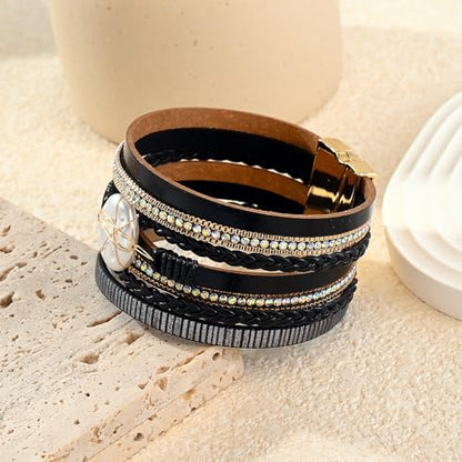 Wrapped Bracelets for Women,Leather Boho Bracelets for Women - color: Shell-Black