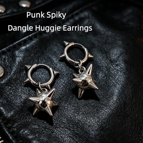 Goth Spiked Morning Star Earrings, 3D Stainless Steel Punk Dangle Huggie Earrings, Unisex Edgy Gothic Spike Jewelry for Women & Men