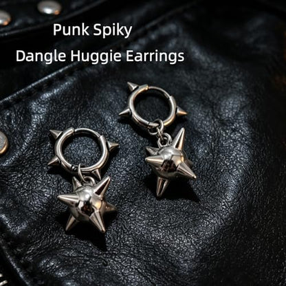 Goth Spiked Morning Star Earrings, 3D Stainless Steel Punk Dangle Huggie Earrings, Unisex Edgy Gothic Spike Jewelry for Women & Men