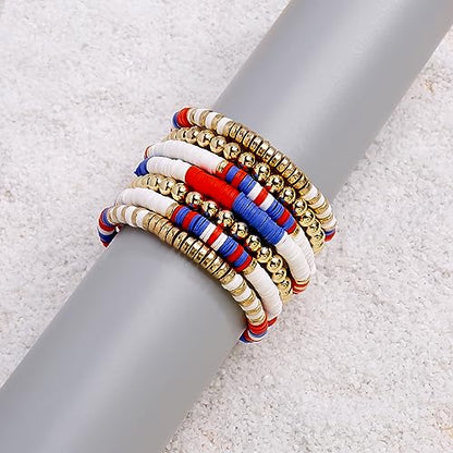 Elegance 11 designs Heishi Beaded Bracelets For Women Polymer Clay Colorful Surfer Stackable Beads Boho Bracelet Summer Beach Jewelry - color: Red white blue